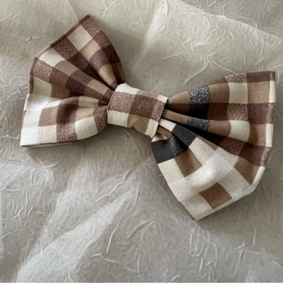 Bow Hair Clip, French Clip, Brown, Cream, White, & Gray Plaid Cotton, 5 x 3.5 in - Picture 3 of 4